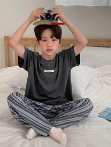Dazy Kids Tween Boy Round Neck Graphic Tee And Striped Pants Casual Loungewear Set - Dark Grey - View 5