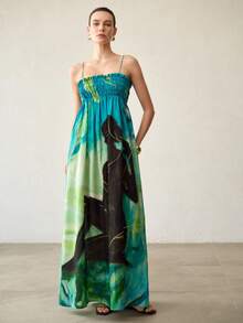 MOTF PREMIUM WOMEN'S CASUAL BOHO VACATION STYLE COLORBLOCK PRINT CAMISOLE DRESS BEACH BLUE SUMMER - Green - View 4
