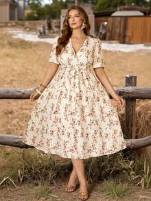 Roveilla Plus Size Women V-Neck Floral Print Ruched Waist Elegant Date Party Dress Vintage Dresses For Women Cotton Dresses French Style Dress Cottagecore Dress Elegant Floral Dress Women Summer Elegant Dress Floral Dress Elegant Dress - Apricot - View 7