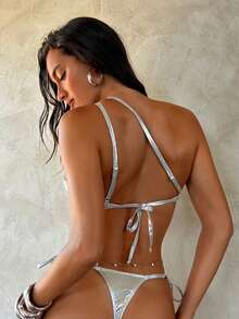 Aloruh 女士新款纯银色亮面面料泳装，魅力节日装扮，女士度假连衣裙，女士沙滩装，女士性感优雅比基尼套装 - 銀色 - 查看 8