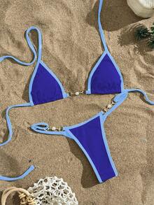 Swim Vcay Summer Beach Contrast Binding Halter Triangle Bikini Set - Royal Blue - View 4