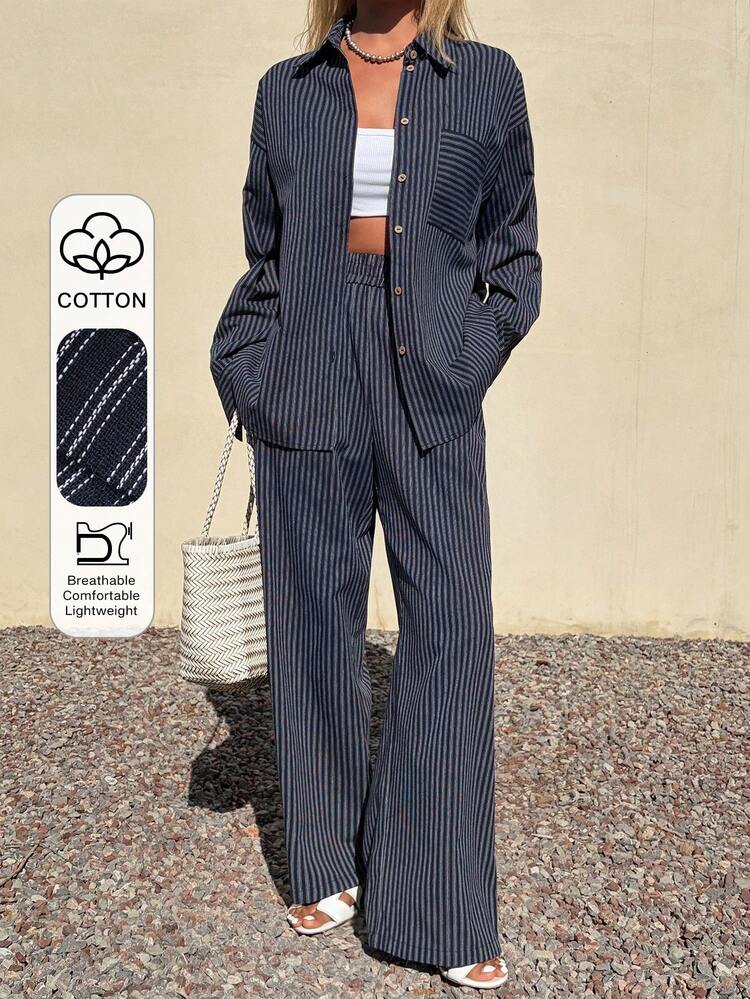 Women's Casual Striped Pocket Shirt And Wide Leg Pants 2 Pieces Set, Spring/Summer