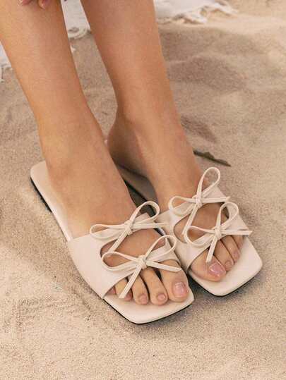 Swim Mod 女士平底凉鞋，带蝴蝶结装饰，露趾，防滑鞋底，时尚舒适的罗马风格拖鞋，适合室内休闲聚会