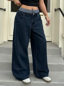 Dazy Plus 大码女式休闲宽松直筒撞色腰部装饰牛仔裤，四季皆宜 - 深色水洗藍 - 查看 7