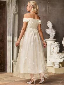 SHEIN Đầm lưới sang trọng hở vai đính sequin dành cho bà bầu - Màu be - Xem 2