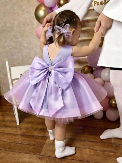 Babygirl Elegant Princess Dress, Purple Organza Bow & Pearl Decor Sleeveless Dress, Formal Gown