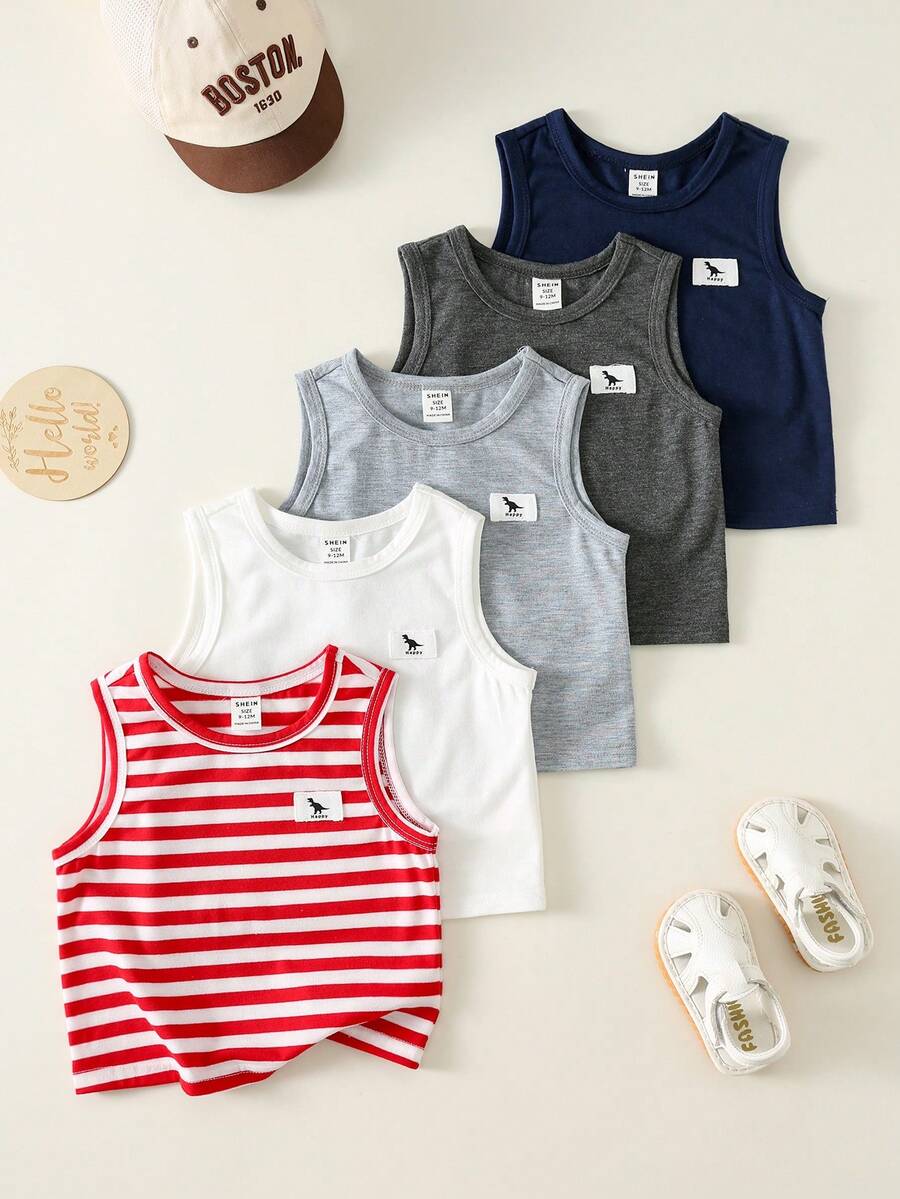 SHEIN 5pcs/Set Unisex Baby Cute Casual Striped Knit Tank Tops, Versatile Summer Outfit Pack - Multicolor - View 1