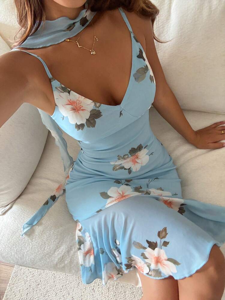 Summer Beach Vacation Floral Print Camisole Fitted Mini Dress With Neck Scarf Decor For Women