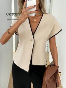 Easowa V-Neck Wide Shoulder Jumpsuit Sleeve Metal Button Asymmetrical Hem A-Line Blouse Casual Loose Elegant Office Lady Vacation Spring Summer Women Thin Blazer - Khaki - View 2