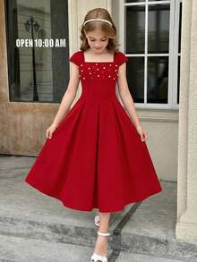 SHEIN 少女优雅串珠无袖宽肩带褶皱喇叭形红色长款连衣裙，派对礼服，女童正式礼服，中长连衣裙，方领连衣裙，红色中长连衣裙，优雅连衣裙 - 紅色 - 查看 3