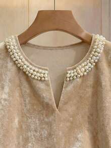 Franclia Women's Elegant Apricot Summer Velvet Glossy Beaded Round Neck Sleeveless Top,Sweet Tea Party Top,Luxury Casual Commuter Office Wear,Fashion - Khaki - View 5