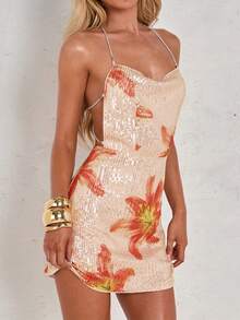 SHEIN Glamour One Shoulder Rhinestone Chain Detail Split Hem Sequin Dress Mini Short Women Outfit Backless Sundress Miami Dress Rose Gold Dress Backless Dress Open Back Dresses Mini Dress Floral Dress - Apricot - View 7