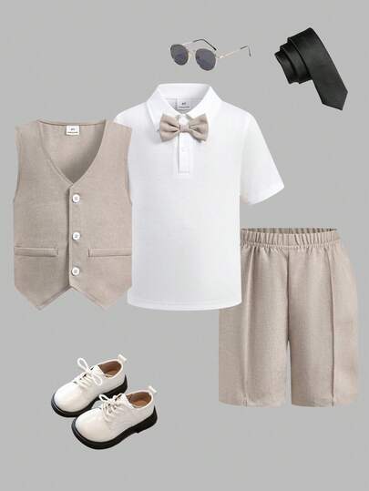 SHEIN 3 Pcs Young Boys Gentleman's Refined And Elegant Urban White Long-Sleeved Shirt T-Shirt And Vest Vest, Trousers Suit, Suitable For Weddings, Suitable For Parties, Suitable For Travel, Suitable For Daily Gatherings, Suitable For Autumn And Winter Seasons