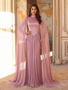 Aureia 优雅、浪漫、时尚、高贵的粉色缎面网纱拼接礼服，饰以水钻，鱼尾裙摆，优雅派对礼服，婚礼宾客礼服，粉色连衣裙，时尚优雅的婚礼宾客正式晚礼服 - 粉色 - 查看 5