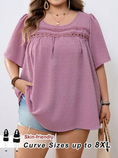 SHEIN CURVE+ Curve Size US22Music Festival, Seaside Vacation, Bohemia Women's Swiss Dot Floral Trim Patchwork Blouse, Summer
