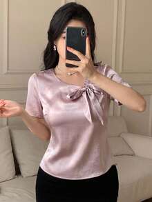 DAZY Women's Elegant Solid Color Bow Decor Blouse, Summer - Pink - View 3