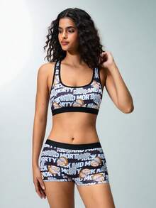Rick and Morty X SHEIN 女士卡通印花比基尼套装，适合海滩度假 - 黑色 - 查看 3