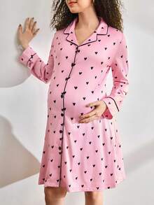 Moonlight&Mama 孕妇爱心印花单排扣休闲睡裙，适合日常穿着 - 彩色 - 查看 5