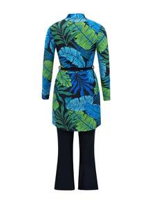 SHEIN Swim Mulvari 女士春夏新款布基尼两件套，含腰带，时尚端庄显瘦大叶绿色印花休闲中东度假风长袖长裤布基尼套装 - 彩色 - 查看 7