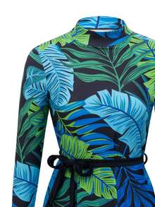 SHEIN Swim Mulvari 女士春夏新款布基尼两件套，含腰带，时尚端庄显瘦大叶绿色印花休闲中东度假风长袖长裤布基尼套装 - 彩色 - 查看 8