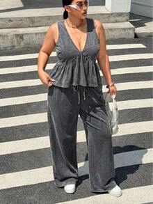Muchica Plus Size Women Deep V-Neck Ruffle Hem Top And Drawstring Waist Wide Leg Pants Casual 2 Pieces Set - Light Grey - View 4