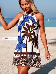 Swim Vcay Women's Spring/Summer Tropical Plant Print Sleeveless Spaghetti Strap Beaded Tie Shoulder Backless Vacation Slip Dress & Cover Up - Blue - View 4