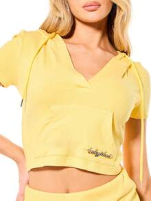 BABYPHAT Women's Yellow Ribbed V-Neck Short Sleeve Hooded Crop Top With Drawstring - Yellow - View 6