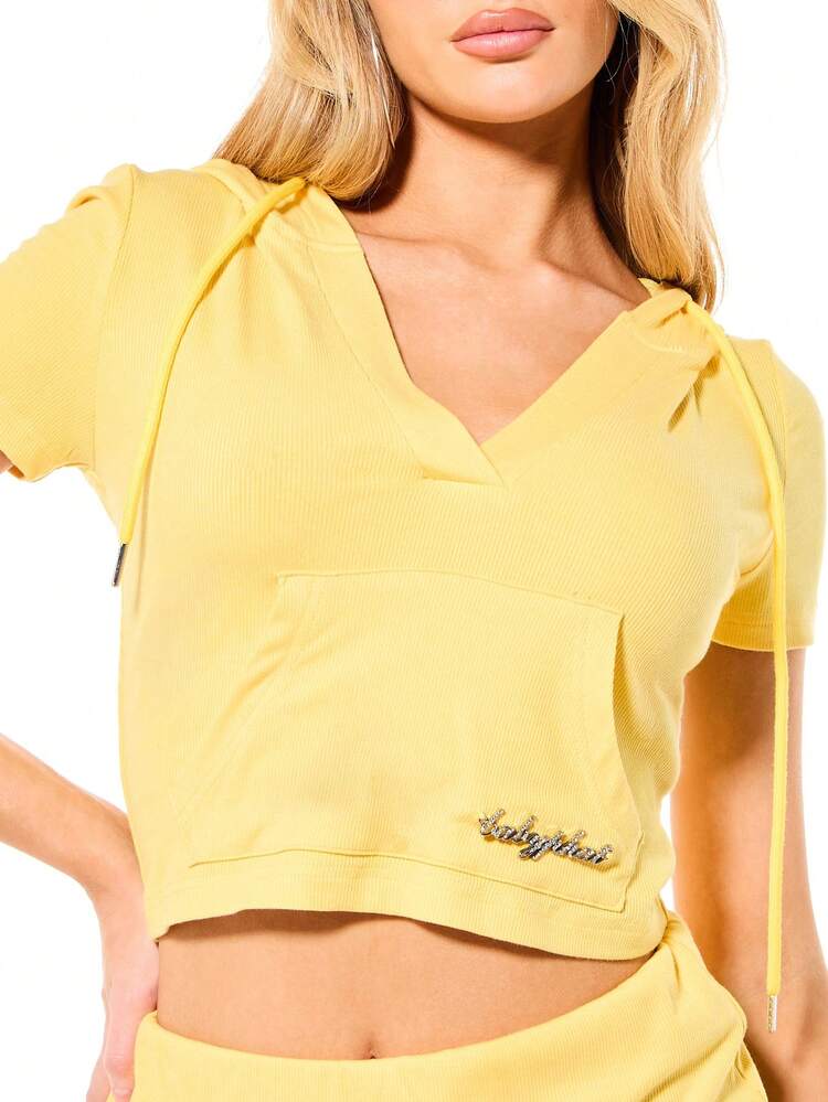 BABYPHAT Women's Yellow Ribbed V-Neck Short Sleeve Hooded Crop Top With Drawstring