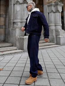 Artur Kramer 男士深蓝色牛仔两件套，休闲夹克和宽松长裤，春秋季 - 深色水洗藍 - 查看 1