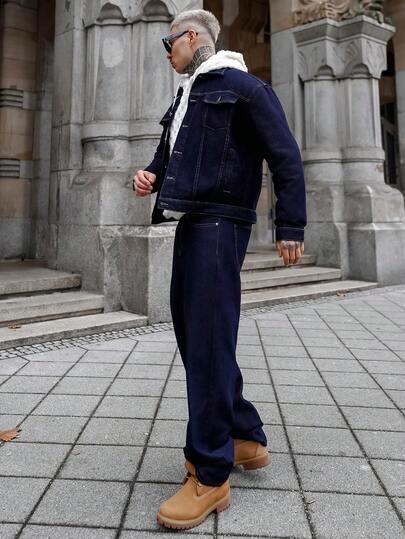 Artur Kramer Conjunto de 2 piezas de hombre en denim azul oscuro, chaqueta casual y pantalones de corte holgado, para primavera/otoño