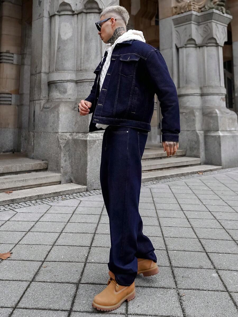 Artur Kramer 男士深蓝色牛仔两件套，休闲夹克和宽松长裤，春秋季 - 深色水洗藍 - 查看 1