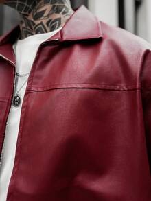 Artur Kramer Men's Autumn And Winter Drop Shoulder Long Sleeve Zip Up Red PU Leather Jacket - Red - View 3