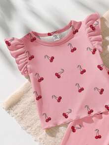 2件套可爱女婴夏季系列设计，粉色樱桃印花搭配白色春季碎花，荷叶边袖口短袖长裤睡衣套装 - 彩色 - 查看 3