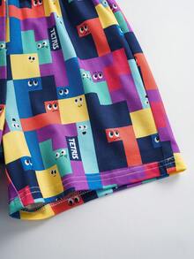 Tetris™ X SHEIN Young Boy Contrast Color Geometric Print Short Sleeve Top And Shorts Pajama Set - White - View 7