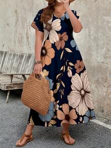 EMERY ROSE Plus Size Women Casual Minimalist V-Neck Short Sleeve Dress, Suitable For Summer - Navy Blue - View 5