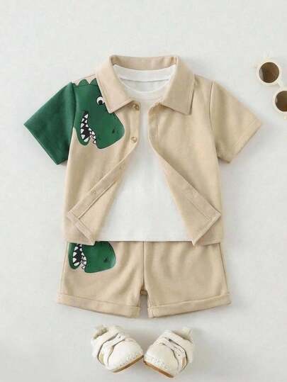 SHEIN 2pcs Baby Boy Casual Cute Cartoon Dinosaur/Tyrannosaurus Rex Print Short Sleeve Polo Shirt And Shorts 2-Piece Outfit Set, Suitable For Outings, Daily Wear, Sports, Play, Parties, Vacations, Birthday Parties, Spring & Summer