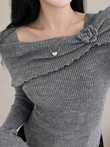 DAZY Women Off-Shoulder 3D Floral Long Sleeve Fitted Asymmetrical Cropped Sweater - Grey - View 2