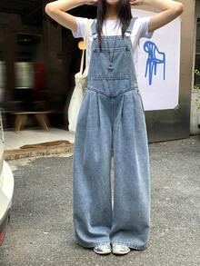 DAZY Quần yếm và áo liền quần denim dáng rộng, ống thẳng, phong cách thành thị dành cho nữ. - Rửa trung bình - Xem 2