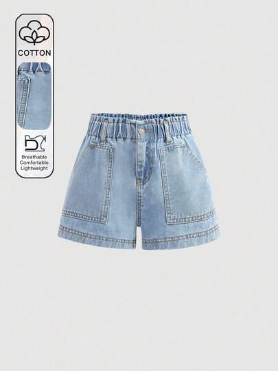 Girlism Teen Girl Summer Casual Light Washed Cute Ruffle Elastic Waist Pocket Rolled Hem Baggy Wide Leg Loose Casual Jean Shorts,Spring / Summer,Comfortable & Chic,Casual & Street Style, Summer,Suitable For Spring And Summer Wear,Summer Holiday Boho,Summer Denim Short,Beach Vacation Holiday,Drawstring Waist Shorts,Summer,Vacation Style,For Beach Vacation,Y2k,Graduation