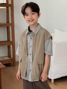 DAZY Tween Boy's Casual Solid Color Sleeveless Jacket, Summer Spring - Khaki - View 9
