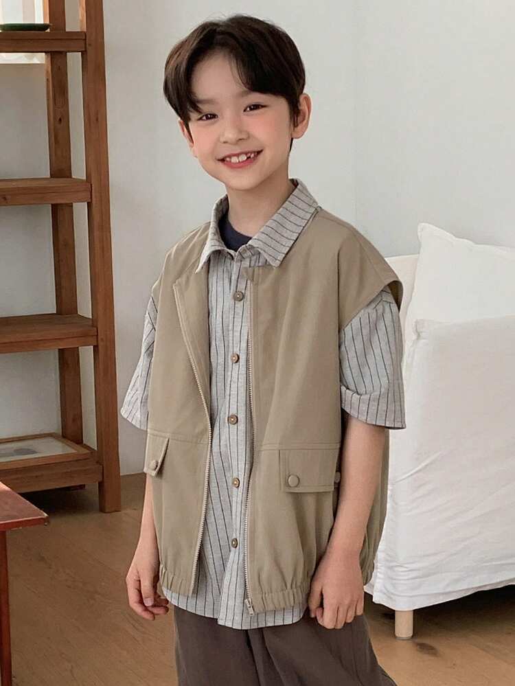 Tween Boy's Casual Solid Color Sleeveless Jacket, Summer Spring
