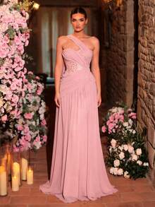 Glamrae 优雅时尚俏皮粉色露肩亮片拼接雪纺荷叶边装饰收腰修身长裙，适合多种场合，如晚礼服、网纱连衣裙、睡袍式连衣裙、单肩连衣裙等。 - 粉色 - 查看 4