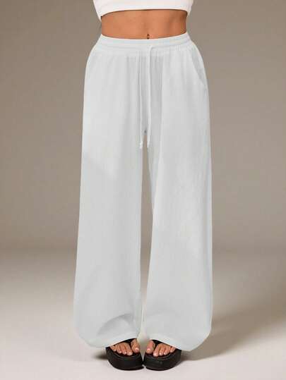 SHEIN Tall Women's Summer Country Concert Going Out Beach Outfits Boho Basic Minimalist Washed 100%Cotton White Pants Curved Hem Pants