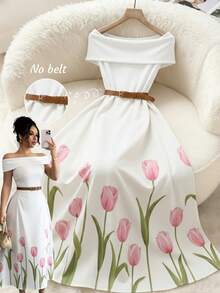 GlowEve Women's Off Shoulder Floral Print Elegant Dress - White - View 1