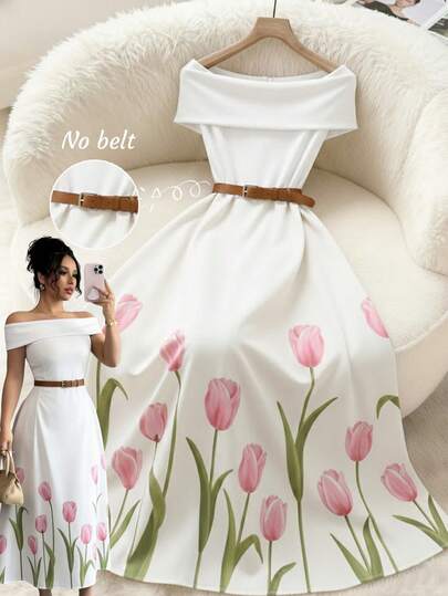 GlowEve Women's Off Shoulder Floral Print Elegant Dress