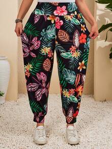 EMERY ROSE Plus Size Women Tropical Plant Print Casual Drawstring Pants Summer Spring Beach Vacation For Bohemian Fall - Multicolor - View 1