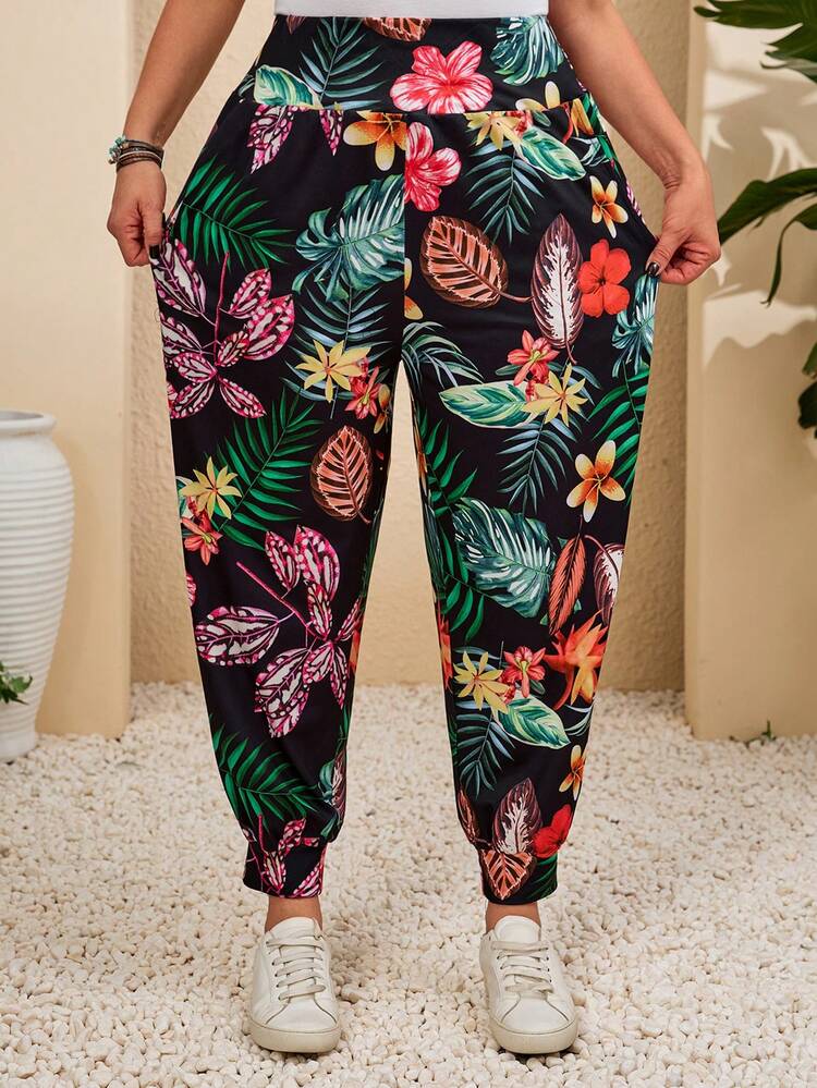 Plus Size Women Tropical Plant Print Casual Drawstring Pants Floral Pants Women Flower Pants Women Summer Pants  Summer Outfits Summer Clothes  Spring  Spring Outfit Women Spring Clothes Beach Vacation Outfits For Women Bohemian
