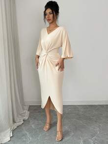 SHEIN PETITE Women's Casual V-Neck Twist Knot Slit Batwing Sleeve Cinched Waist Bodycon Dress - Apricot - View 4