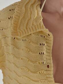 MUSERA Collar Detail Button Through Boxy Loose Fit Wavy Crochet Scallop Hem Top Coord Only Cute Beach Coverup Summer Spring Holiday Swim Knit - Yellow - View 6