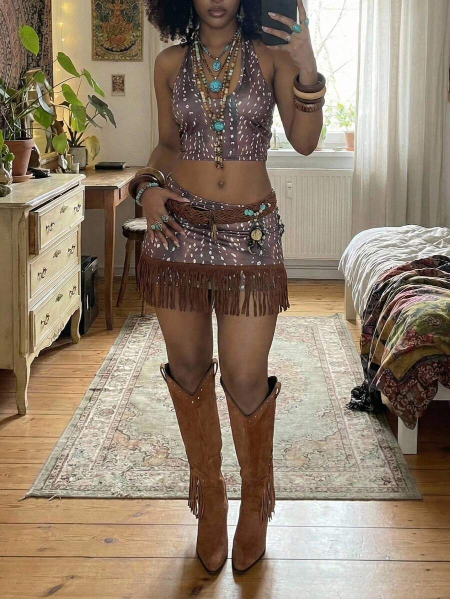 SHEIN Unity Women's Western Style Allover Print Halter Crop Top And Fringed Hem Mini Skirt 2 Pieces Set, Summer,Vacation Outfits Women ,Afro Boho Outfits - Multicolor - View 1